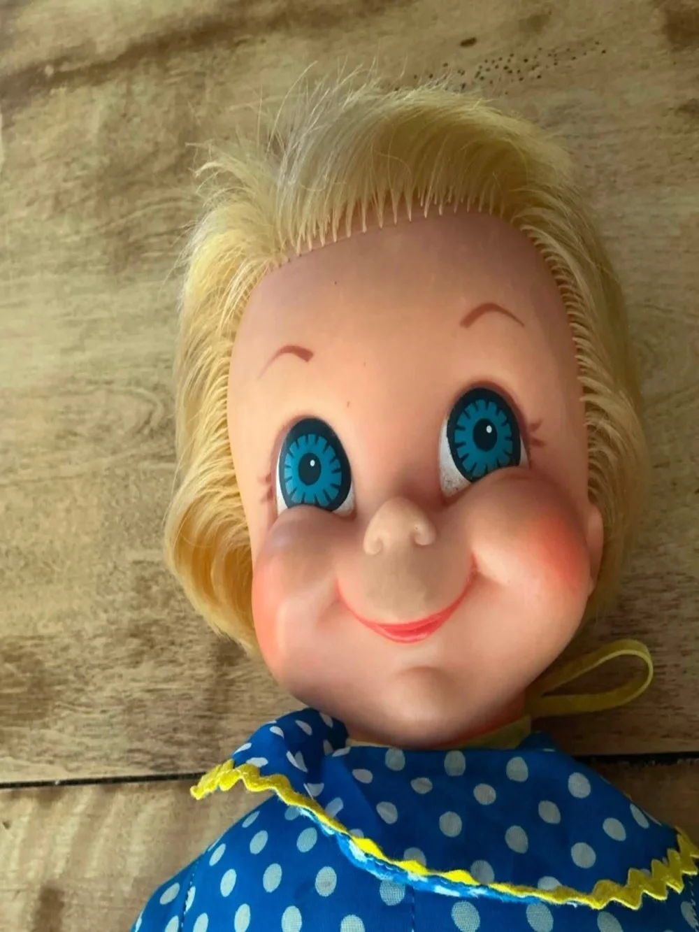 🩵 Mrs. Beasley Vintage Doll – Blue Polka Dot Dress